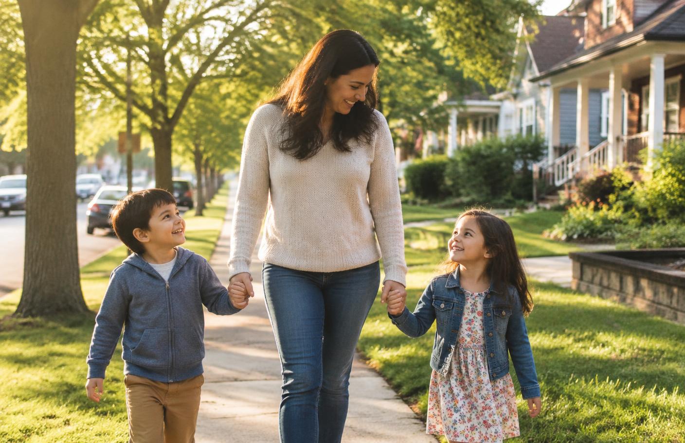 A family walking together on a neighborhood sidewalk