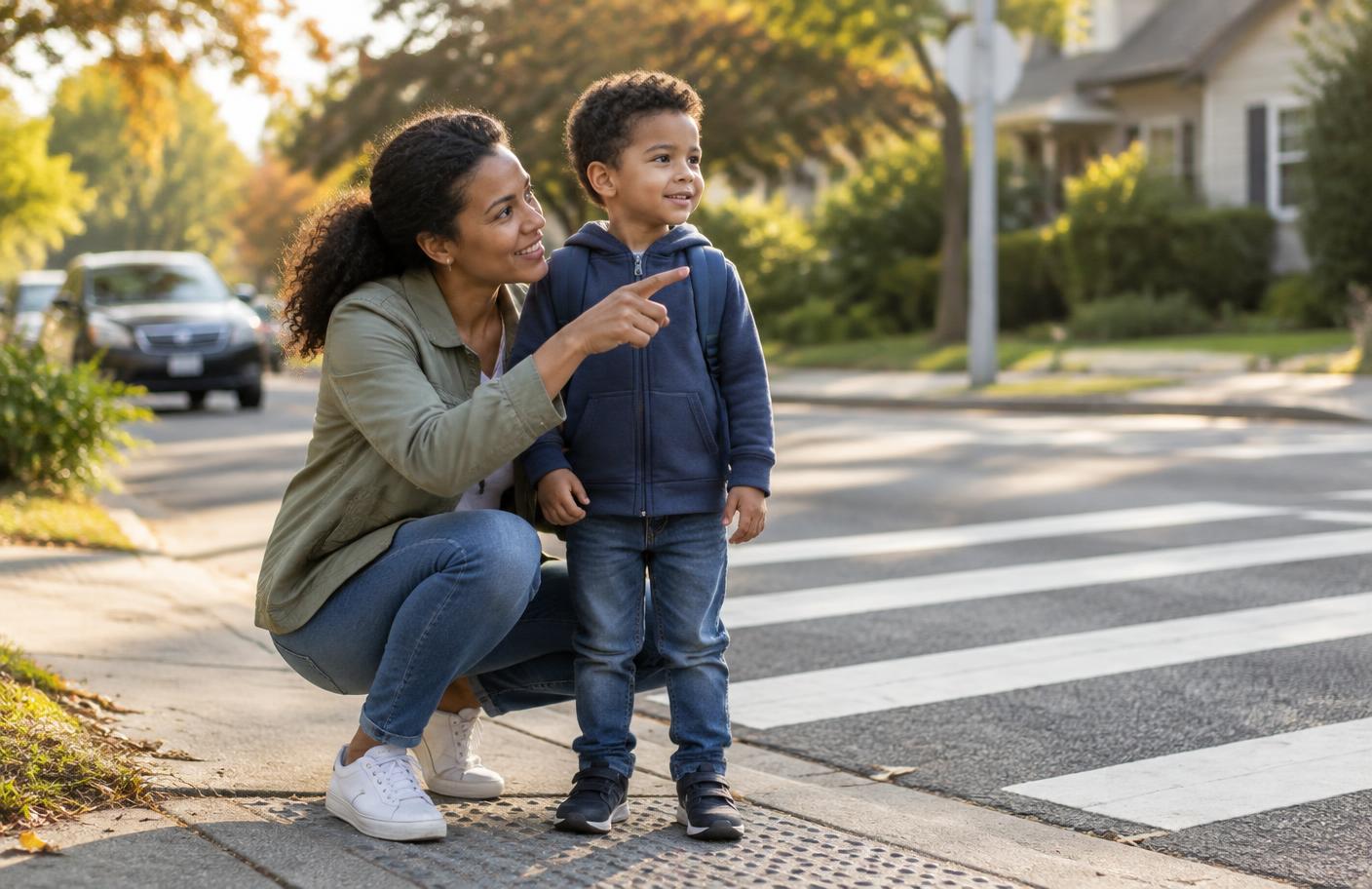 A parent teaching a child how to cross safely